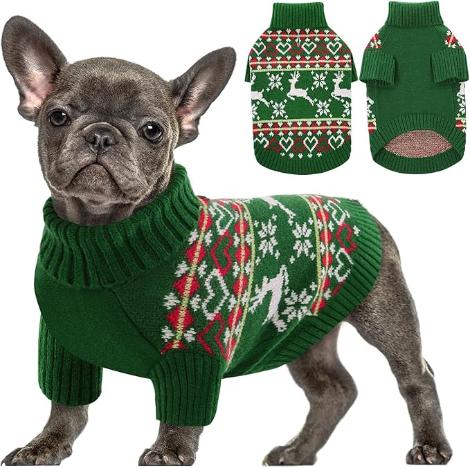 Queenmore Dog Christmas Sweater,Turtleneck Knitted Pullover Xmas Dog Clothes Sweatshirt,Dog Christmas Outfit, Warm Dog Sweaters for Small Dogs Boy Girl L