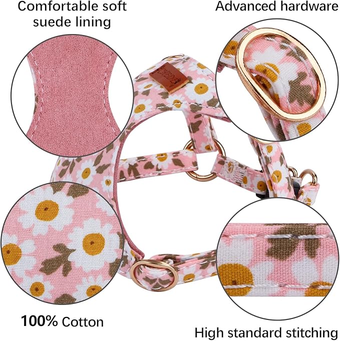 CHEDE No Pull Floral Pattern Dog Harness- Lightweight, Soft, Adjustable Small Harness and Leash Set, Suitable for Puppy Small and Medium-Sized Dog (XXS, Pink Daisy)