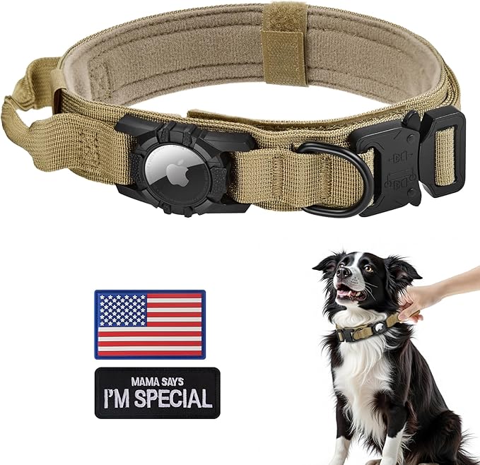 Tactical AirTag Dog Collar - Heavy Duty, Adjustable GPS Collar Compatible with Apple AirTag, with Holder & Control Handle for Medium/Large Dogs [ Brown, M ]
