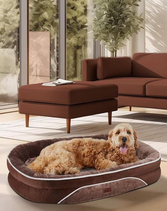 OhGeni Orthopedic Big Dog Couch X-Large Sized Pet Beds for Fathers Gifts with Comfort Foam Support, Soft Indestructible Fabric, Machine Washable Waterproof Removable Cover, 42-Inch (Brown)