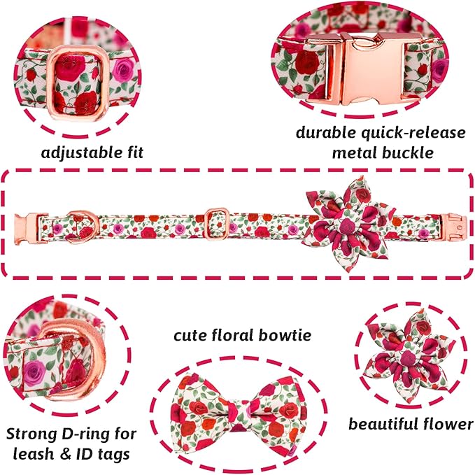 Dog Collar and Leash Set Girls Adjustable Puppy Collars with Floral Bow Tie for Small Medium Large Female Dogs, Red Rose, XS