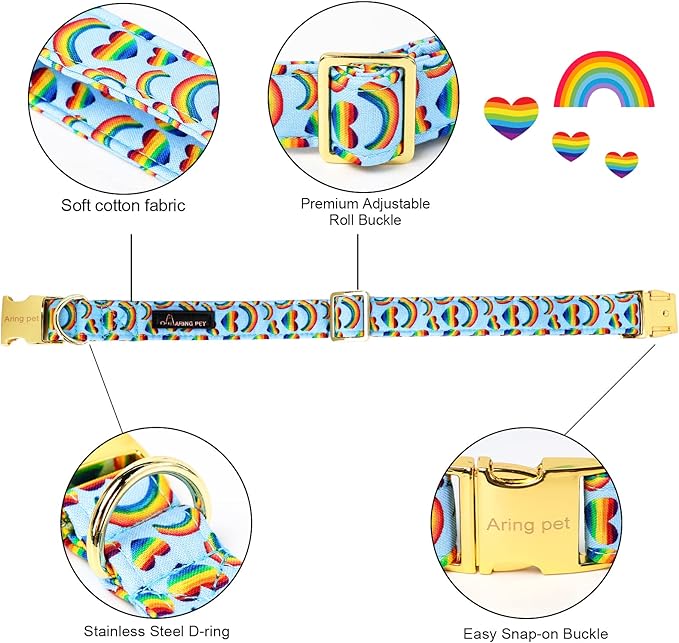 ARING PET LGBTQ Dog Collar, Cotton Rainbow Heart Dog Collar with Bow, Adjustable Pride Dog Collar Bowtie with Metal Buckle for Small Medium Large Dogs