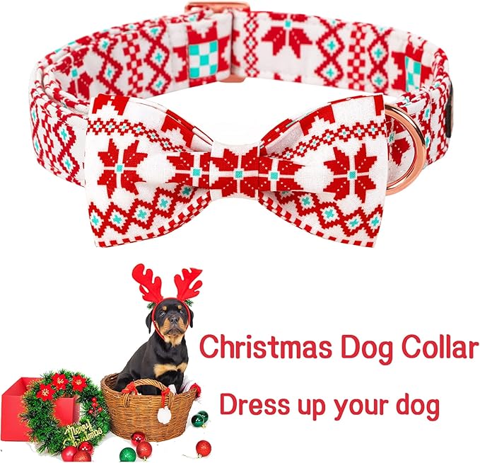 Unique style paws Christmas Dog Collar with Bow Tie Red White Grid Cotton Collar Adjustable Puppy Plaid Collar for Small Medium Large Dogs-XL