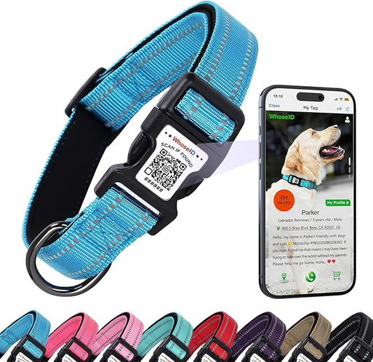 Dog Collar with QR Code, Reflective Dog Collar, Soft Neoprene Padded & Safety Locking Buckle Adjustable Pet Collar (Blue, X-Small)