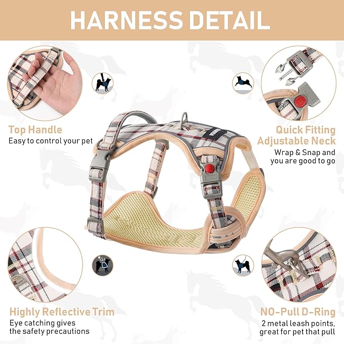 GAMUDA Dog Harness Collar and Leash Set, Dog Harness, No Chock No Pull Adjustable Vest Harnesses Plaid Reflective for Medium Dog, Cat, Small Horse, Small Bull and Pig (Beige, XL)