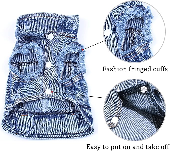 Dog Jean Jacket, Blue Denim Lapel Vest Coat T-Shirt Costume Girl Boy Puppy Clothes, Comfort and Cool Apparel for Small Medium Dogs Cats