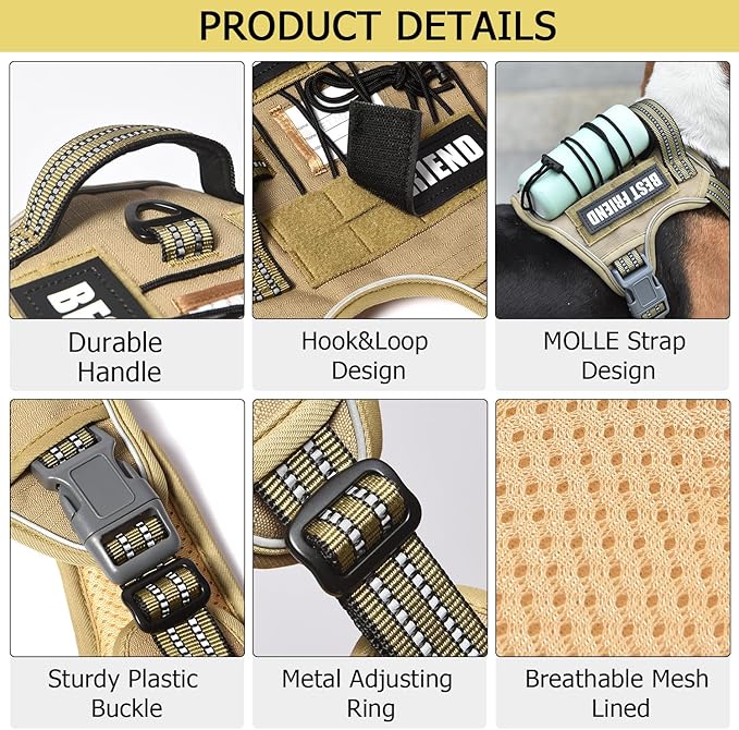PET MARVEL Tactical Dog Harness for Medium Size, No Pull Military Dog Vest with Easy Control Handle, Molle Hoop & Loop, Adjustable Reflective Reinforced Stich for Walking Training, Brown