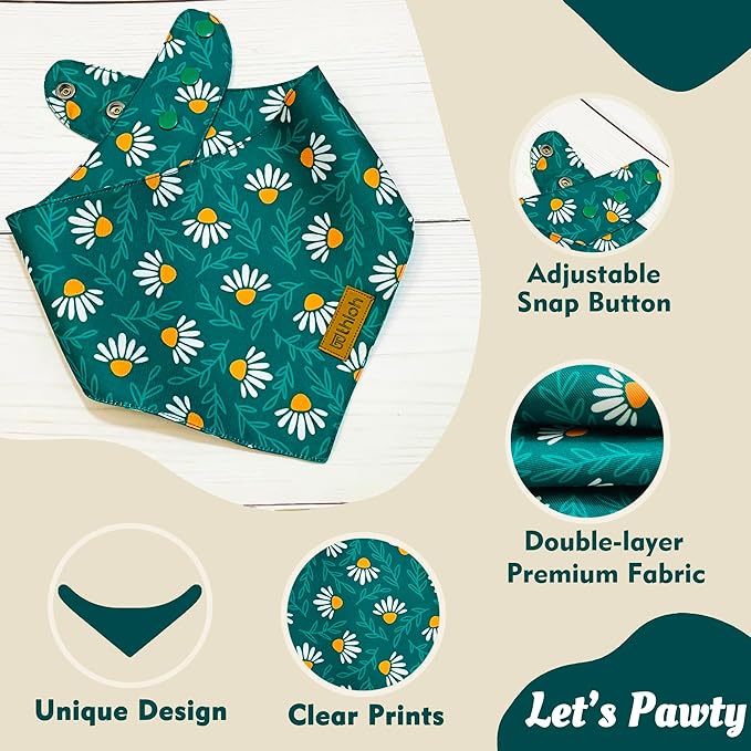 Spring Dog Bandanas with Snap Button, 2 Pack Floral Dog Scarf for Boy & Girl, Durable Fabric, Adjustable Fit, Unique Shape, Gift for Dogs, Daisy Bandana for Medium and Large Dogs (Large)
