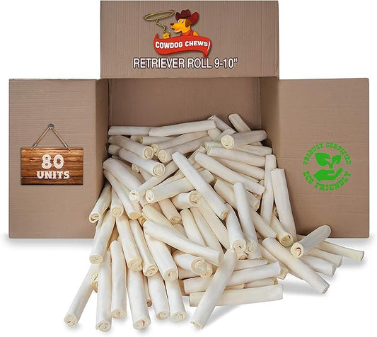 Cowdog Chews Retriever roll 9-10 inch All Natural Rawhide Product (80 Pack)