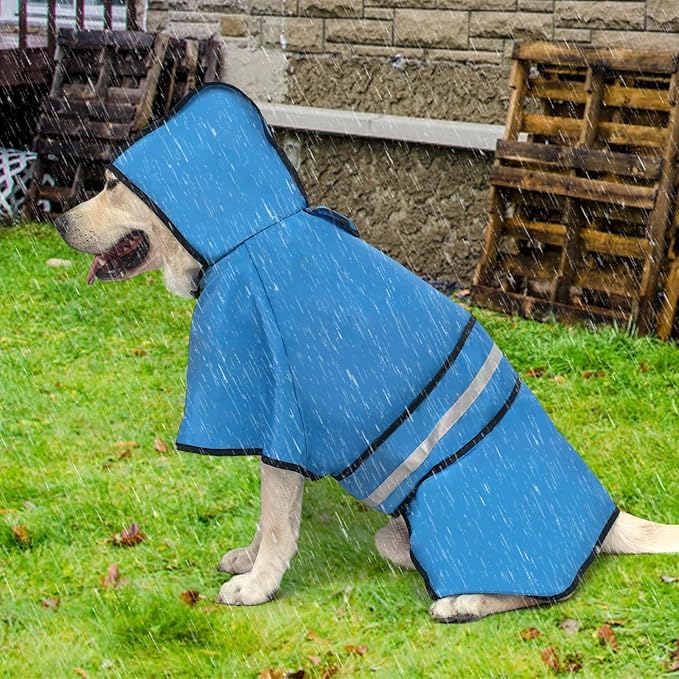 KOOLTAIL Dog Raincoat Hooded Slicker Poncho with Leash Hole, Raincoat for Large Dogs, Waterproof Doggie Rain Jacket with Reflective Strip, Adjustable Breathable Plaid Extra Large Rainwear-Blue Solid