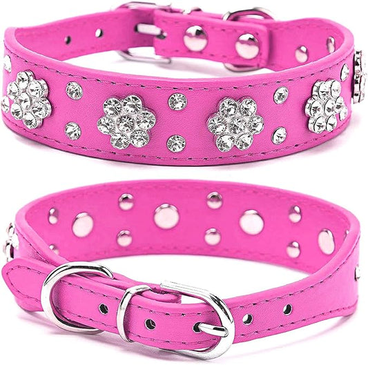 Cute Flower Rhinestone Dog Collar, Bling Collar PU Leather Adjustable Sizes Small Medium Large (L, Hot Pink)
