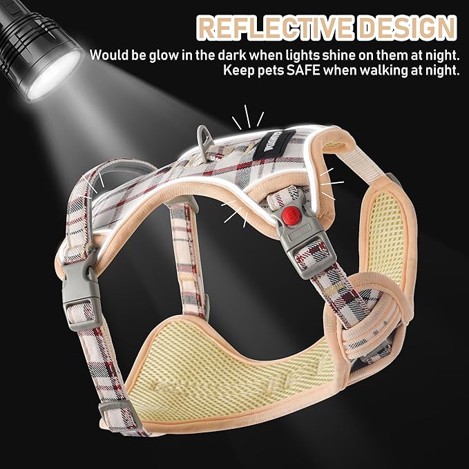 GAMUDA Dog Harness Collar and Leash Set, Dog Harness, No Chock No Pull Adjustable Vest Harnesses Plaid Reflective for Medium Dog, Cat, Small Horse, Small Bull and Pig (Beige, M)
