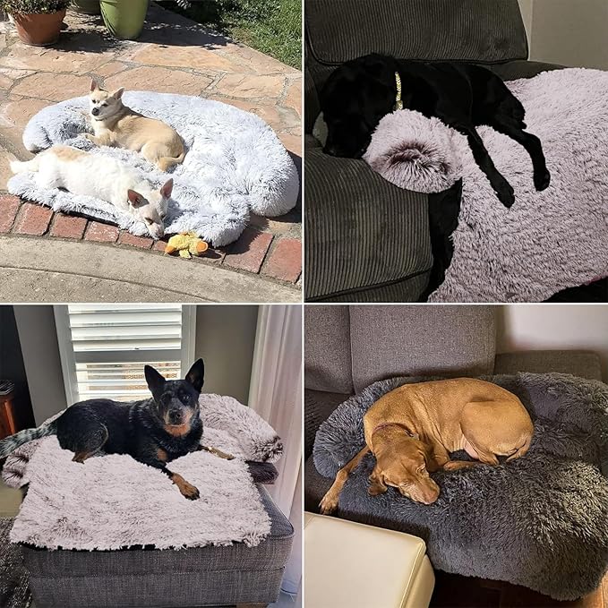 Calming Dog Bed Fluffy Plush Dog Mat for Furniture Protector with Removable Washable Cover for Large Medium Small Dogs and Cats (Medium, Rust White)