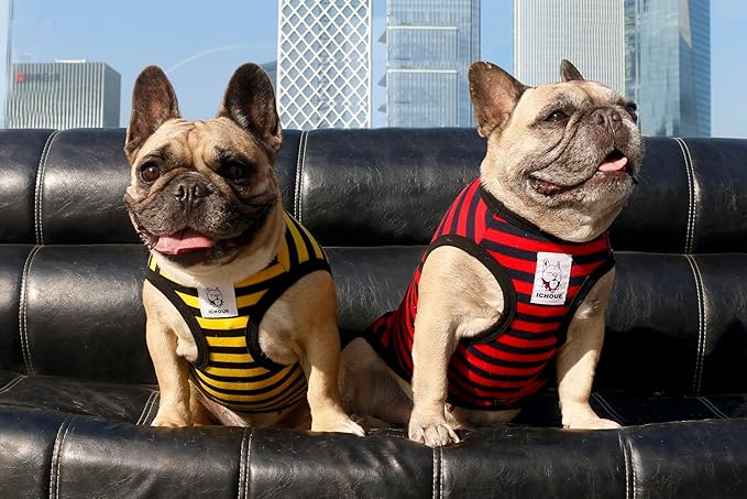 iChoue English Bulldog 100% Breathable Cotton Striped T Shirts Halloween Vest Clothes for Medium Dogs Tank Tops French Frenchie Pug Boston Terrier Pitbull Yellow Black Stripes - XLarge