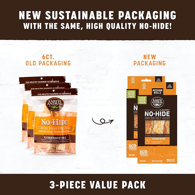 Earth Animal No Hide Medium Chicken Flavored Natural Rawhide Free Dog Chews Long Lasting Chew Sticks | Treats for Large Dogs | Great for Aggressive Chewers (3 Pack)