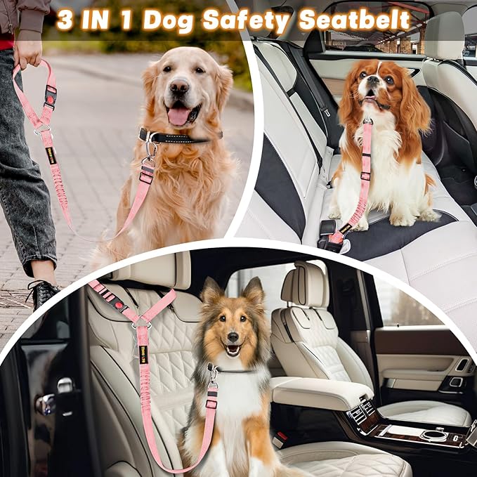 Dog Seat Belt Harness for Car, Dog Car Leash with Car Headrest & Buckle, Reflective Short Dog Leash, Pet 15 Inch Heavy Duty Leash for Dogs with Padded Handle & Locking Carabiner Clip, Pink