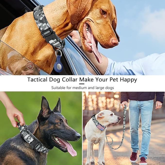 DAGANXI Tactical Dog Collar, Adjustable Military Training Nylon Dog Collar with Control Handle and Heavy Metal Buckle for Medium and Large Dogs, with Patches and Airtags Case (L, Camo-Set)