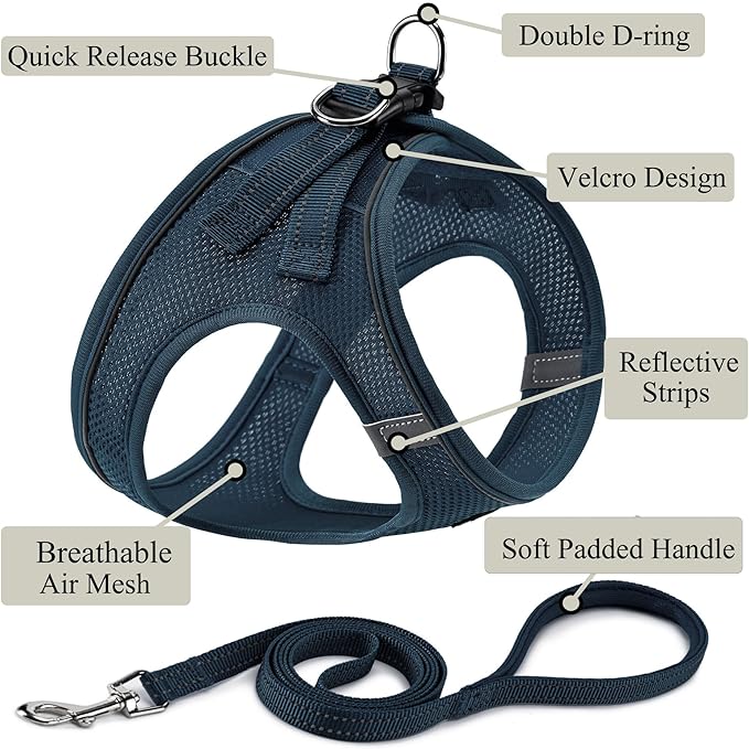 Dog Harness with Leash Set, No Pull Adjustable Reflective Step-in Puppy Pet Vest Harnesses for Small Medium Large Dogs and Cats,Navy Blue M