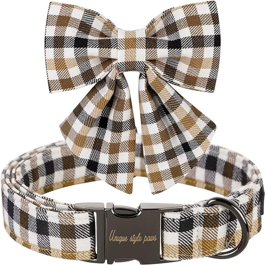 Unique style paws Christmas Dog Collar with Bow Tie Brown Plaid Puppy Collar for Small Medium Large Dogs as Autumn Winter Pet Gifts-S