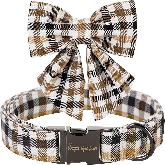 Unique style paws Christmas Dog Collar with Bow Tie Brown Plaid Puppy Collar for Small Medium Large Dogs as Autumn Winter Pet Gifts-M
