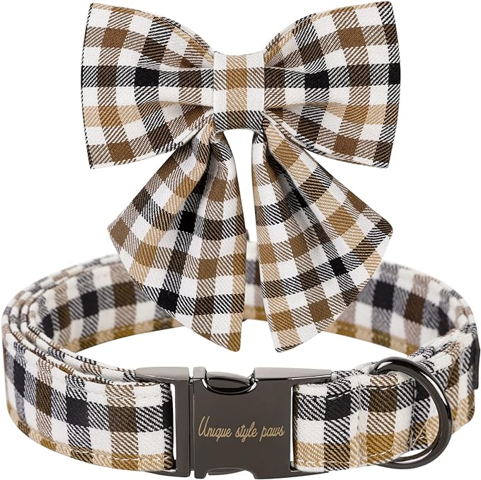 Unique style paws Christmas Dog Collar with Bow Tie Brown Plaid Puppy Collar for Small Medium Large Dogs as Autumn Winter Pet Gifts-XL