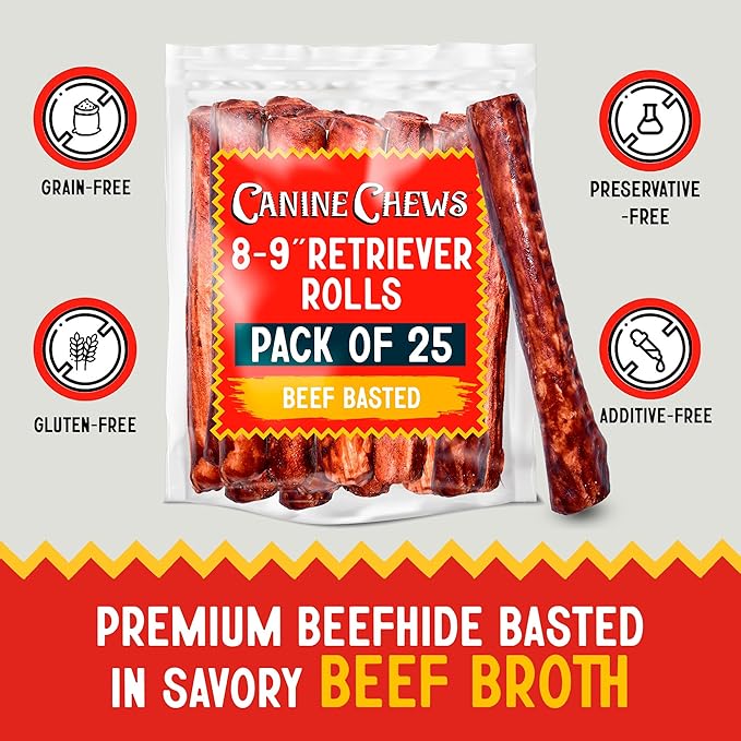 Canine Chews 8-9" Beef Basted Rawhide Rolls, Raw Hide Bones for Large Dogs, Dog Bones Large Breed, Durable, Long-Lasting, Medium & Large Breeds, 25pk