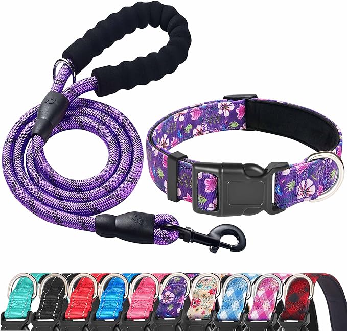 Reflective Dog Collar Padded with Soft Neoprene Breathable Adjustable Nylon Dog Collars for Small Medium Large Dogs (X-Small (Pack of 1), Purple/Pink Floral Collar+Leash)