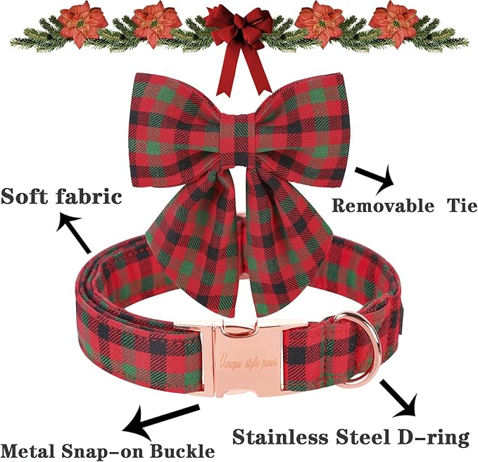 Unique style paws Christmas Dog Collar with Bow Tie Black Red Green Plaid Puppy Collar for Small Medium Large Dogs as Autumn Winter Pet Gifts-XL