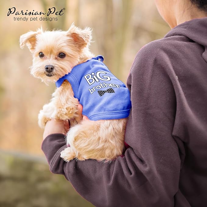 Parisian Pet Dog T-Shirt with Embroidered ' Big Brother ' Words - 100% Cotton, Sleeveless Pet Vest - Machine Washable Blue Dog Shirts for Small Dogs, XS