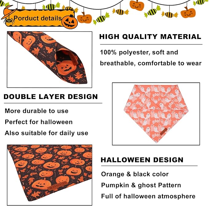 ADOGGYGO Halloween Dog Bandana, Pumpkin Ghost Pet Scarf, Orange Black Halloween Bandanas for Medium Large Dog (Large)