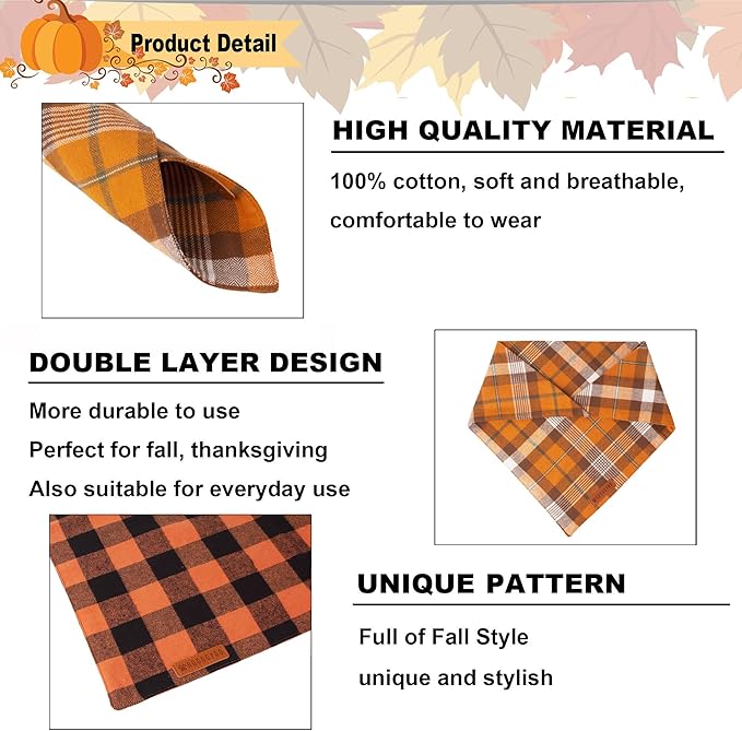 ADOGGYGO Fall Dog Bandanas 2 Pack, Halloween Thanksgiving Holiday Pet Scarf, Multiple Sizes Offered, Orange Plaid Fall Bandana for Large and X-Large Dogs (X-Large)