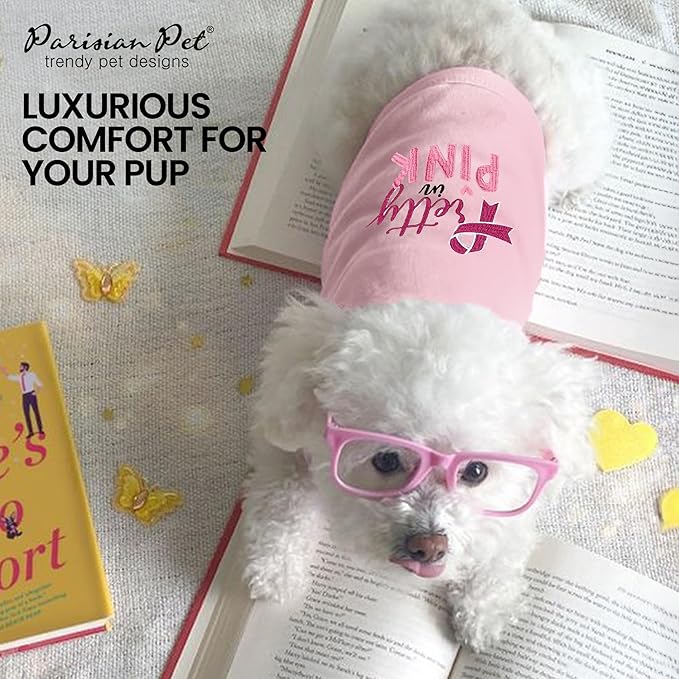 Parisian Pet Dog Tshirt - Embroidered “ Pretty in Pink “ Dog Shirt - Breathable and Lightweight Dog Clothes - Sleeveless Dog Tee Shirts - Machine Washable Dog Shirts for Small Dogs Girl -XS