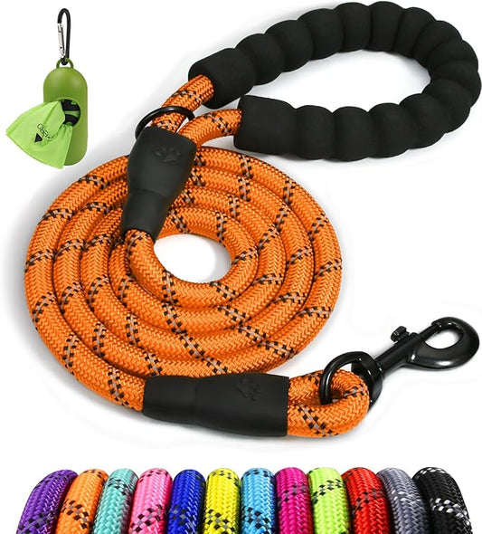 Taglory Rope Dog Leash 4 FT with Comfortable Padded Handle, Highly Reflective Threads Leash for Small Dogs, 3/8 inch, Orange