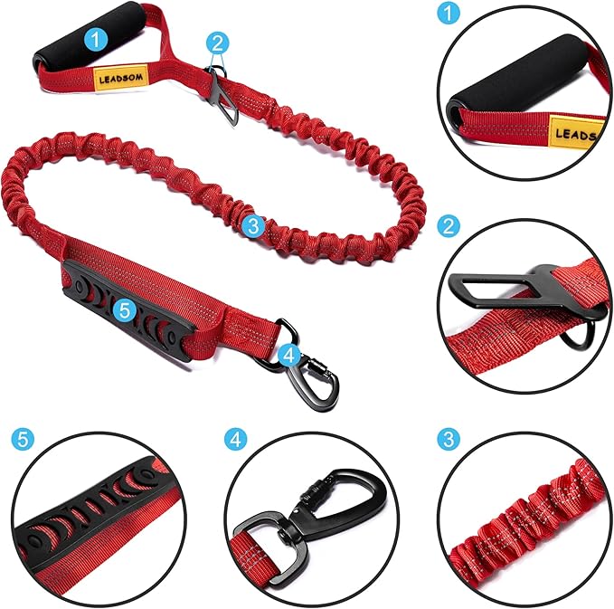 6FT Highly Reflective Heavy Duty Elastic Bungee Medium and Large Dog Leash Shock Absorbing with Comfortable Padded Handle and Traffic Handle Suitable for Training Red