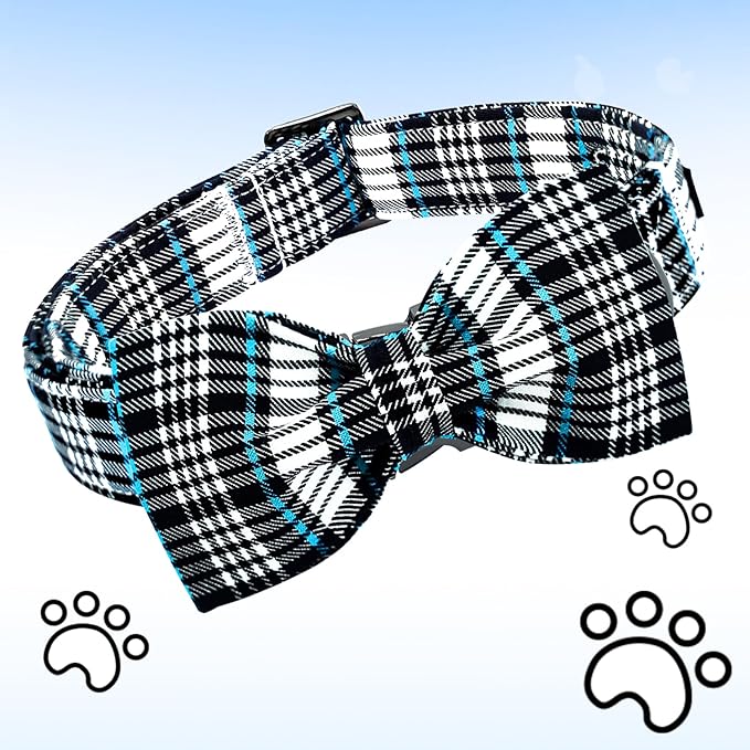 Lionheart glory Dog Bow Collar Blue and Black Plaid Dog Collar for X-Large Dogs,Boy Dog Collars with Bowtie Spring Summer Collars Soft Adjustable Pet Collar Bows