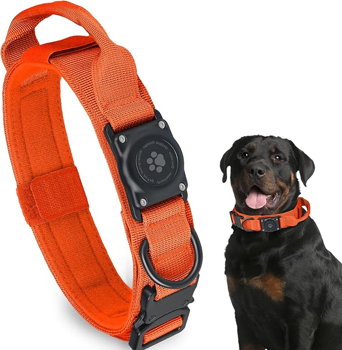 Tactical AirTag Dog Collar, 100% Waterproof Integrated Apple Air Tag Dog Collars with Hard PC AirTag Holder, Adjustable Military Collar with Handle, GPS Dog Collar for Medium Large Dog (Orange, M)
