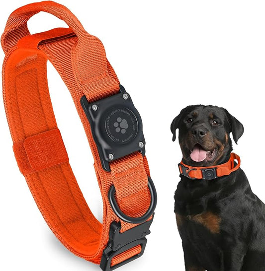 Tactical AirTag Dog Collar, 100% Waterproof Integrated Apple Air Tag Dog Collars with Hard PC AirTag Holder, Adjustable Military Collar with Handle, GPS Dog Collar for Medium Large Dog (Orange, M)