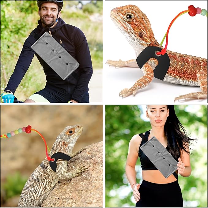 Bearded Dragon Carrier and Leather Leash, Adjustable Harness and Reptile Small Pet Coral Fleece Backpack for Outdoor Travel Walking Rest -Black