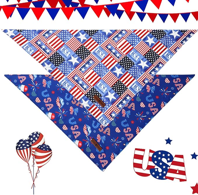 Lionet Paws Summer 2pcs Dog Bandanas, 4th of July Dog Scarf Bib Premium Fabric, American Flag Blue Bandanas for Small Dogs Pets