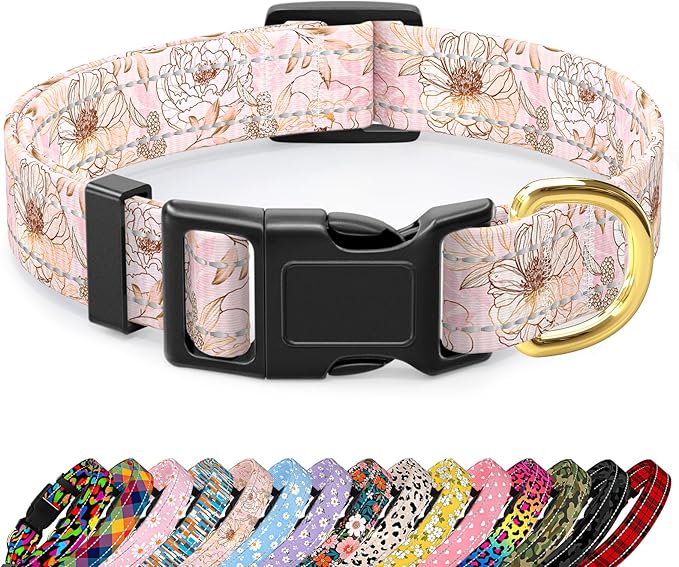 Reflective Dog Collar for Small Dogs, Cute Flower Theme Adjustable Heavy-Duty Nylon Puppy Collar for Boy and Girl Female, Soft Pet Accessories with Quick Release Buckle, Neck 10-16", Pink