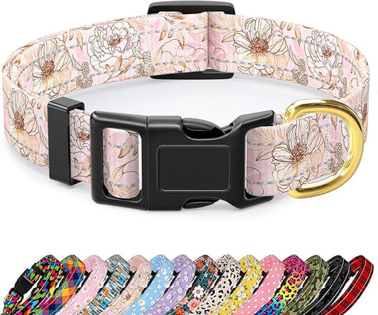 Reflective Dog Collar for Extra Small Dogs, Cute Flower Theme Adjustable Heavy-Duty Nylon Puppy Collar for Boy and Girl Female, Soft Pet Accessories with Quick Release Buckle, Neck 8-12", Pink