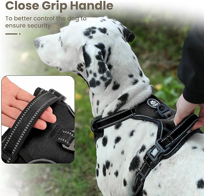 FURRYFECTION Dog Harness | No Pull Dog Harness | Reflective Oxford | Padded Handle | 4 Adjustable Straps | 2 Leash Clips | No Choke Pet Vest Harness for Small Medium Large Dogs | Black | L