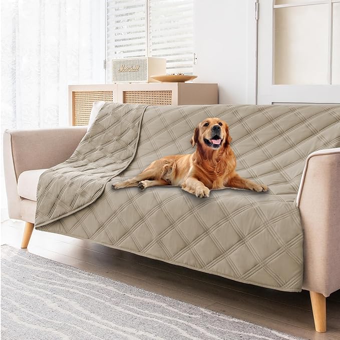 fuguitex Waterproof Dog Blanket Reversible for Small Dogs Resistant Leakproof Washable Couch Cushion Bed Protector Cover for Indoor Furniture Pet Friendly（82"*82",Brown+Khaki+Khaki