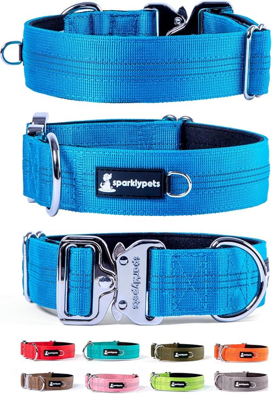 SparklyPets Heavy Duty Wide Dog Collar with Quick Release Chrome Buckle – Thick Tactical Dog Collar with Reflective Stripes & Soft Lining – for Large & Medium Breeds