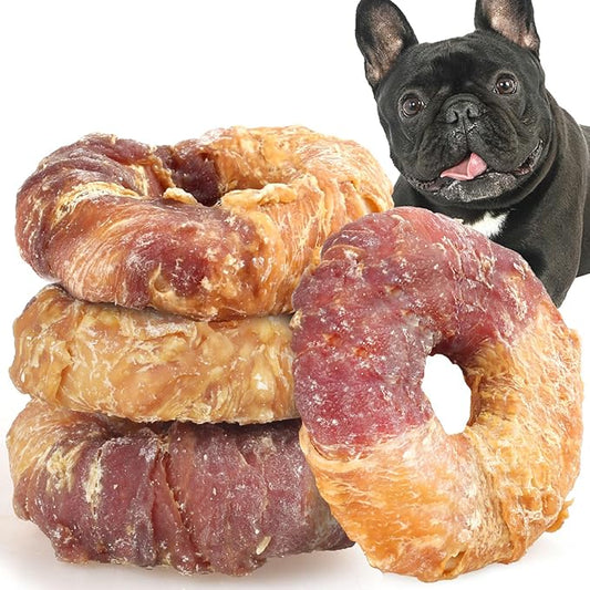 ASMPET Dog Chews Long Lasting, Duck Chicken Wrapped Rawhide Donuts Grain Free Rawhide Bones Teeth Cleaning for Small Medium Large Breed Aggressive Chewer (Pack of 4)