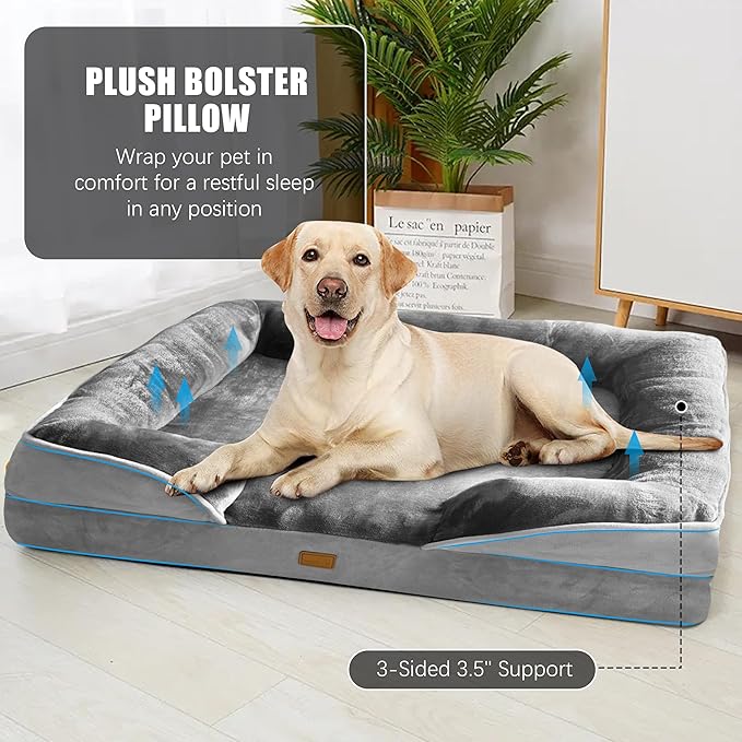 Orthopedic Dog Bed with Sides - Dog Sofa Beds for Extra Large Dogs, Supportive Foam Pet Couch Bed with Washable Removable Cover, Waterproof Lining and Non-Slip Bottom, Grey - XL