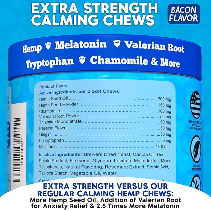 Calming Chews for Dogs - Dog Calming Chews, Made in USA, Vet Recommended, Behavior Support with Melatonin & Hemp, Stress, Separation, Fireworks, Travel, Extra Strength