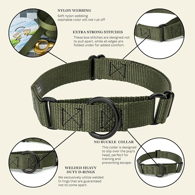 Country Brook Petz Martingale Dog Collar - Heavy-Duty Training Collar with No Buckle - Service Dog Collar for All Pups - Vibrant, Colorful Collection (Dark Olive Drab, 3/4 Inch, Small)