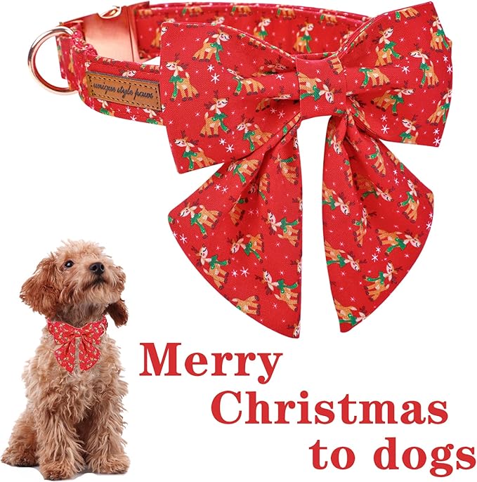 Unique style paws Christmas Dog Collar with Tie Red Elk Pure Cotton Collar Adjustable Puppy Collar for Small Medium Large Dogs-XS