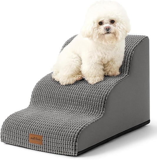 Dog Stairs for Small Dogs 15.7" H, Curved Dog Step for Puppy, Older Cat, Medium Pet Ramp for Sofa, Couch or Bed, Ladder with High Density Foam, 15.7x22.4x15.7 inch, 3 Step, Light Grey